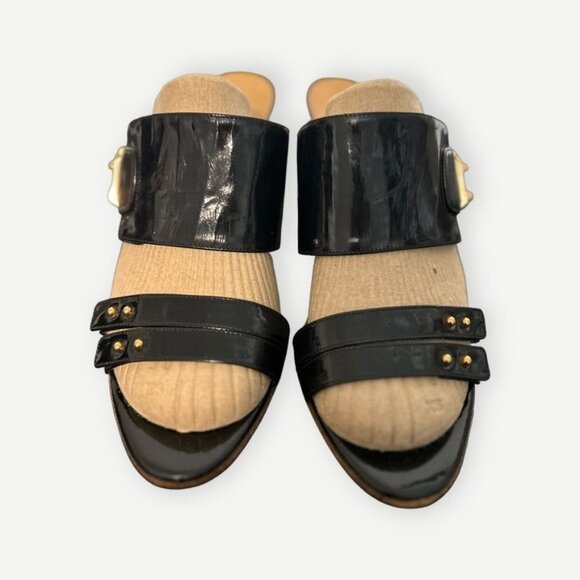 Hermès Black Patent Leather Sandals 36.5 Gold Hardware Buckle Heel Textured Stud - Picture 8 of 10